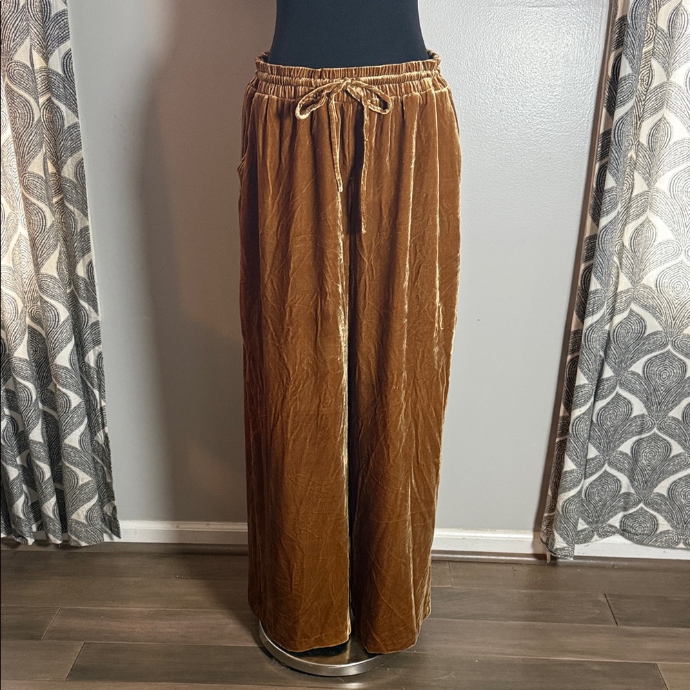 Garnet Hill Gold Velvet Long Wide-Leg Pants XL 12 14